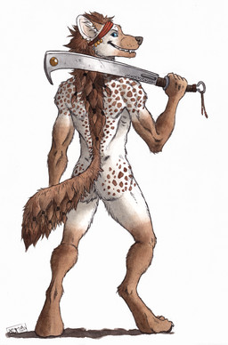 accessory anthro blue_eyes brown_body brown_fur brown_hair butt digitigrade ear_piercing fur hair hair_accessory hair_tie headband holding_melee_weapon holding_object holding_sword holding_weapon looking_at_viewer looking_back looking_back_at_viewer male markings melee_weapon nude piercing rear_view simple_background smile solo spots spotted_body spotted_fur standing sword tail tied_hair weapon white_background white_body white_fur 0laffson sea_yeen_(0laffson) hyena mammal spotted_hyena 2023 dated hi_res painting_(artwork) signature traditional_media_(artwork) traditional_painting_(artwork) traditional_watercolor_(artwork) watercolor_(artwork)