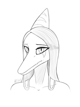 anthro bone_frill female frill_(anatomy) front_view hair long_hair looking_at_viewer markings neutral_expression simple_background solo striped_markings stripes text white_background alsius_arcticus goodbye_volcano_high ko_op_(game_developer) fang_(gvh) prehistoric_species pterosaur reptile scalie 2026 3:4 artist_name bust_portrait digital_drawing_(artwork) digital_media_(artwork) greyscale hi_res monochrome portrait shaded sketch