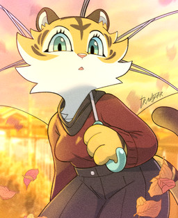 4_fingers anthro autumn big_eyes blue_eyes breasts cheek_tuft chest_tuft clothed clothing countershading facial_tuft falling_leaves female fingers fur holding_object holding_umbrella leaf looking_at_viewer orange_body orange_fur pink_nose red_clothing red_sweater red_topwear solo sunset sweater topwear tuft umbrella white_body white_fur drawligator aura_(drawligator) felid mammal pantherine tiger 2022 hi_res signature
