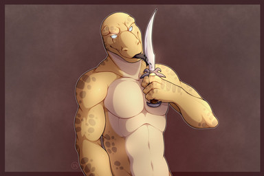 4_fingers anthro black_blood blood blue_eyes bodily_fluids claws colored_blood dagger fingers looking_at_viewer male melee_weapon nude scales smile solo tongue unusual_blood unusual_bodily_fluids weapon tres-art ismar lizard reptile scalie 2018 digital_media_(artwork)
