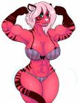 anthro big_breasts biped bra breasts clothing female fur hair half-closed_eyes inner_ear_fluff looking_at_viewer muscular muscular_anthro muscular_female narrowed_eyes navel panties pink_body pink_fur simple_background smile solo standing tuft underwear white_background white_hair wide_hips merrymaladies felid mammal pantherine tiger hi_res portrait three-quarter_portrait