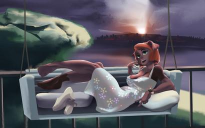 bench blue_eyes city cityscape clock clothed clothing dessert dress eating female food hair ice_cream jewelry lying necklace plant red_body red_hair solo sunset text tree watch yamatek_(artist) domestic_pig mammal suid suine sus_(pig) 16:10 absurd_res english_text hi_res widescreen