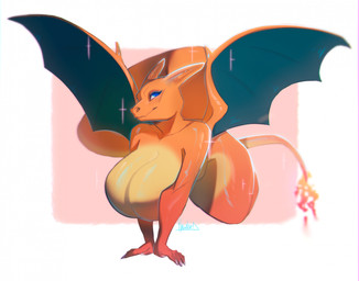2_horns all_fours anthro anthrofied big_breasts blue_eyes breasts closed_smile eyelashes featureless_breasts female fingers fire flaming_tail horn huge_breasts mouth_closed nails non-mammal_breasts nude orange_body pokemorph smile solo sparkles tail thick_thighs white_sclera wide_hips wings hagalazd nintendo pokemon charizard generation_1_pokemon pokemon_(species) 2023 hi_res signature