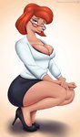 anthro big_breasts bottomwear breasts canid canine canis cleavage clothed clothing conditional_dnp crouching disney domestic_dog eyewear female footwear glasses goof_troop hi_res high_heels mammal mature_female nexcoyotlgt shoes skirt solo sylvia_marpole text url