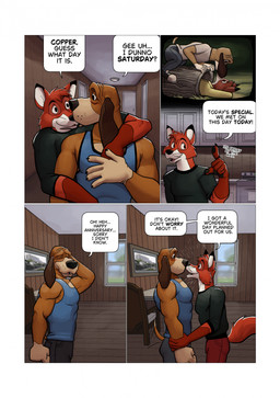 anthro anthrofied biceps blush border bottomwear clothed clothing dialogue duo eyes_closed fur hug hugging_another hugging_from_behind male male/male muscular muscular_anthro muscular_male open_mouth pants shirt shorts smile speech_bubble standing tail tank_top text topwear white_border hunter-husky disney the_fox_and_the_hound copper_(tfath) tod_(tfath) canid canine canis domestic_dog fox hunting_dog mammal red_fox scent_hound true_fox comic digital_media_(artwork) english_text hi_res