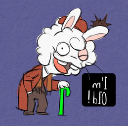 anthro arms_bent black_eyes blue_background bottomwear brown_bottomwear brown_clothing brown_footwear brown_hat brown_headwear brown_pants brown_scarf brown_shoes brown_topwear brown_trenchcoat brown_vest buckteeth cane clothed clothed_anthro clothed_male clothing curly_hair exclamation_point footwear fully_clothed fully_clothed_anthro fully_clothed_male fur hair hand_in_pocket hat headgear headwear holding_cane holding_object hunched_over long_ears looking_at_viewer male male_anthro no_eyebrows noseless one_eye_closed open_mouth open_smile pants pockets scarf shoes simple_background smile smiling_at_viewer solo speech_bubble talking_to_viewer tan_eyelids teeth text thistle_(plant) topwear vest white_body white_fur white_hair yelling yelling_at_viewer randomrabbidramblings raving_rabbids rayman_(series) ubisoft fan_character random_(randomrabbidramblings) lagomorph mammal rabbid 2026 colored_sketch digital_drawing_(artwork) digital_media_(artwork) english_description english_text flat_colors sketch