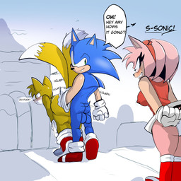 accessory angry anthro balls bent_over blue_body blue_eyes blush clothing dress female footwear genitals gloves green_eyes group hair_accessory hairband handwear looking_back male male/male multi_tail panties pink_body shoes speech_bubble tail trio underwear yellow_body susknuckles sega sonic_the_hedgehog_(series) amy_rose miles_prower sonic_the_hedgehog canid canine eulipotyphlan fox hedgehog mammal 1:1 absurd_res hi_res