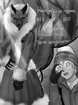 anthro clothing coat eyewear female fur glasses gloves hair handwear male multicolored_body multicolored_fur open_mouth parka smile snow solo standing text topwear white_hair winter winter_coat tiny_bunny alice_the_vixen anton_petrov canid canine fox human humanoid hybrid mammal 2021 3:4 monochrome russian_text translated