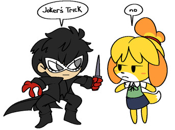 anthro bottomwear clothed clothing dialogue duo female humor male monotone_bottomwear monotone_clothing monotone_skirt skirt speech_bubble text vilepluff animal_crossing atlus megami_tensei nintendo persona_(series) persona_5 sega isabelle_(animal_crossing) ren_amamiya canid canine canis domestic_dog human mammal shih_tzu toy_dog 2019 aliasing crossover digital_media_(artwork) english_text