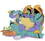 ambiguous_gender amused biting_hand blue_body blue_scales box buckteeth carrying_another claws container egg faceplate female feral group head_spikes machine on_shoulders open_mouth orange_cheeks red_eyes scales shell simple_background sitting size_difference spikes spikes_(anatomy) teeth sidvenblu hasbro nintendo pokemon takara_tomy transformers transformers:_beast_wars skold_(transformers) chewtle drednaw generation_8_pokemon pokemon_(species) predacon reptile robot scalie turtle signature watermark