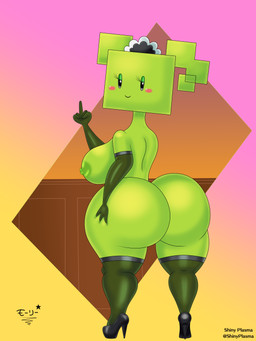 5_fingers areola armwear big_breasts big_butt black_clothing black_eyes black_footwear black_high_heels black_text blush blush_stickers breasts butt butt_pose clothing elbow_gloves eyelashes eyeshadow female fingers footwear gesture gloves green_areola green_body green_breasts green_butt green_eyeshadow green_hair green_nipples green_skin hair half-closed_eyes hand_gesture hand_on_butt hand_on_own_butt handwear high_heels huge_butt legwear looking_at_viewer looking_back looking_back_at_viewer maid_headdress makeup middle_finger mostly_nude_female mostly_nude_humanoid narrowed_eyes nipples not_furry pigtails pink_blush pose shoes smile solo square_(anatomy) square_head text thick_thighs thigh_highs wide_hipped_female wide_hipped_humanoid wide_hips superstarplasma mario_bros nintendo paper_mario mimi_(paper_mario) humanoid 2023 3:4 absurd_res artist_name digital_media_(artwork) hi_res japanese_text shaded watermark