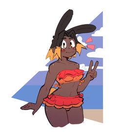 5_fingers bangs beach blush breasts brown_body brown_ears brown_hair brown_skin clothed clothed_female clothed_humanoid clothing cloud dark_body dark_skin emanata female female_humanoid fingers frilly frilly_clothing frilly_swimwear gesture hair hand_gesture long_ears looking_at_viewer mouth_closed multicolored_hair orange_hair parted_bangs seaside small_breasts solo swimwear two_tone_hair v_sign derpyfox_36 resso_(derpyfox_36) animal_humanoid humanoid lagomorph lagomorph_humanoid leporid_humanoid mammal mammal_humanoid rabbit_humanoid 2021 digital_drawing_(artwork) digital_media_(artwork) portrait three-quarter_portrait