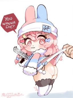 :3 accessory ambiguous_gender animal_ears bad_trigger_discipline big_butt blue_clothing blush blush_lines bodily_fluids bottomless braided_hair bunny_hair_accessory butt chibi clothed clothing dialogue disembodied_hand duo female female/ambiguous female_focus hair hair_accessory hat headgear headwear heart_hair_accessory legwear light-skinned_female light_body light_skin offscreen_character pigtails pink_clothing pink_eyes pink_hair pink_tail question_mark rabbit_ears scut_tail short_tail simple_background solo_focus speech_bubble sweat sweatdrop tail text thick_thighs twin_braids white_background polygonheart phase_connect phase_origins vtuber pipkin_pippa animal_humanoid humanoid lagomorph lagomorph_humanoid leporid leporid_humanoid mammal mammal_humanoid rabbit rabbit_humanoid 2023 digital_media_(artwork) english_text