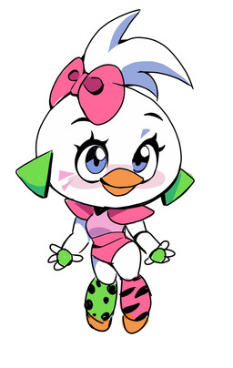 accessory beak blue_eyes blush bow_(feature) bow_accessory bow_ribbon chibi clothed clothing ear_piercing ear_ring eyelashes female hair_accessory hair_bow hair_ribbon leg_warmers legwear machine orange_beak piercing ribbons ring_piercing shoulder_pads simple_background solo white_body yen0028 five_nights_at_freddy's five_nights_at_freddy's:_security_breach scottgames steel_wool_studios glamrock_chica animatronic avian bird chicken galliform phasianid robot 2021 digital_media_(artwork)