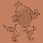 anthro bottomwear clothed clothing eyes_closed fur male mid_transformation navel nipples orange_background oversized_clothing paws simple_background solo tail topless torn_clothing transformation awarebear mammal mustelid otter werecreature weremustelid wereotter 1:1