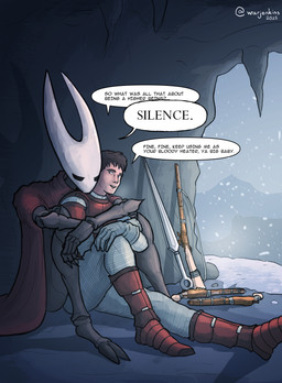 angry armor brown_hair cave cloak clothed clothing dialogue duo female fully_clothed gloves gun hair handgun handwear hug hugging_another hugging_from_behind looking_at_another male male/female melee_weapon musket pistol ranged_weapon rifle rifle_sling sitting smile snow snowing sword text weapon warjenkins hollow_knight_(franchise) team_cherry hornet_(hollow_knight) animal_humanoid arthropod arthropod_humanoid human humanoid insect insect_humanoid mammal absurd_res english_text hi_res