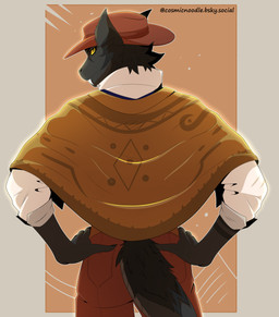 anthro belt black_body black_fur black_markings bottomwear cloak clothed clothing cowboy_hat ear_tuft fangs fur hair hat headgear headwear looking_at_viewer looking_back male markings pants rear_view rolled_up_sleeves scales shirt solo tail teeth topwear tuft cosmic_noodle fallout microsoft devon_(cosmic_noodle) hybrid night_stalker_(fallout) reptile scalie snake absurd_res digital_media_(artwork) hi_res portrait shaded three-quarter_portrait