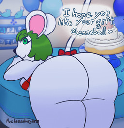anthro bent_over big_butt black_nose breasts butt dialogue female gift_wrapped green_eyes green_hair hair heart_eyes heart_symbol huge_butt looking_at_viewer looking_back looking_back_at_viewer nude presenting presenting_hindquarters rear_view shaking_butt short_hair smile solo talking_to_viewer text thick_thighs wide_hips nocheeseburger animal_crossing nintendo bree_(animal_crossing) mammal mouse murid murine rodent animated