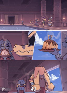 ambiguous_gender anthro armor blush bound bread breasts chain chained chained_cuffs clothed clothing cloud cuff_(restraint) dialogue door duo fangs female female_anthro food furniture gate handcuffs headgear helmet holding_food holding_object melee_weapon metal_cuffs pillar polearm restraints shaded_background sky spear swimming_pool teeth text torch wall_(structure) water weapon agious nintendo pokemon delcatty eeveelution felid feline generation_2_pokemon generation_3_pokemon generation_4_pokemon generation_5_pokemon generation_9_pokemon krokorok lagomorph mammal pokemon_(species) reptile scalie shinx sprigatito umbreon 2026 comic digital_drawing_(artwork) digital_media_(artwork) english_text hi_res shaded