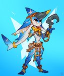 anchor anthro armor black_sclera blue_body blue_scales collar convenient_censorship female for_a_head headgear helmet hook one_armed scales scar skinny_female solo spiked_collar spikes weapon foresttherotten zecko_(foretbwat) fish goblin humanoid hybrid marine shark 2021 hi_res