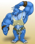 abs anthro balls biceps big_penis biped blue_body blue_nipples blue_skin claws clothing confusion erection fangs genitals male muscular muscular_anthro muscular_male nipples nude pecs penis solo standing teeth torn_clothing wristband drakedragon donkey_kong_(series) nintendo krusha crocodilian kremling reptile scalie