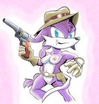 anthro belt blue_eyes braided_hair breasts clothing cowboy_hat female fur genitals gloves gun hair handgun handwear hat headgear headwear holster mostly_nude nipples purple_body purple_fur pussy ranged_weapon revolver small_breasts snaggle_tooth solo weapon fours_(artist) archie_comics sega sonic_the_hedgehog_(archie) sonic_the_hedgehog_(comics) sonic_the_hedgehog_(series) nicolette_the_weasel mammal mustelid musteline true_musteline weasel hi_res