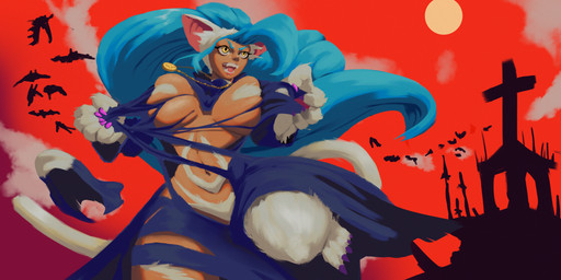 action_pose anthro big_breasts blue_hair breast_squish breasts clothing female fur hair navel nude nun_habit nun_outfit pose religious_clothing solo squish tearing_own_clothing technically_nude the_loathsome_(artist) torn_clothing white_body white_fur capcom darkstalkers felicia_(darkstalkers) felid feline humanoid mammal monster werecat werecreature werefelid werefeline 2:1 absurd_res hi_res