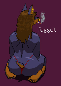 ambiguous_gender anthro brown_hair cigarette cigarette_in_mouth clothing dialogue ear_piercing facial_piercing feet g-string glistening glistening_body hair homophobic_slur insult insulting_viewer looking_away nose_piercing nose_ring object_in_mouth piercing rear_view ring_piercing septum_piercing septum_ring short_tail sitting sitting_on_feet slur smoke smoking soles solo tail tall_ears text toes underwear funkslashfunky canid canine canis dobermann domestic_dog mammal pinscher absurd_res digital_media_(artwork) english_description english_text hi_res pixel_(artwork)