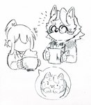 anthro bow_tie container cup duo eyewear female fur glasses holding_object latte_art male text waiter hayata_461 lifewonders live_a_hero esperdica female_operator protagonist_(live_a_hero) canid canine canis human mammal wolf absurd_res hi_res pen_(artwork) sketch traditional_media_(artwork)