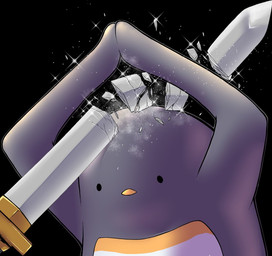 ambiguous_gender beady_eyes beak black_background broken_sword feral flippers grey_body melee_weapon simple_background solo sword weapon white_body yellow_body m_nyanko_299 hijikata avian bird penguin 2018 digital_media_(artwork)