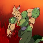 abs anthro anthrofied armor blood bodily_fluids cotton_tail female muscular muscular_anthro muscular_female orange_background punch simple_background solo violence giltori doom_(series) id_software microsoft daisy_(doom) lagomorph leporid mammal rabbit 1:1