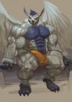 anthro avian big_muscles bird bulge clothed clothing erection erection_under_clothing feathered_wings feathers goroguro hi_res huge_muscles hyper hyper_biceps hyper_muscles looking_at_viewer male muscular muscular_anthro muscular_male owl solo sova underwear vein wings