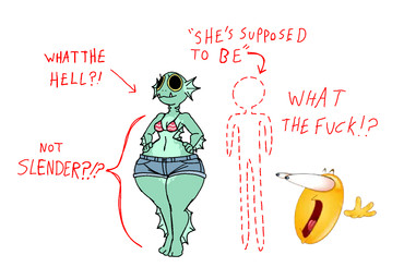 anthro big_butt big_eye big_pupils bikini bikini_top bottomwear breasts butt clothing female huge_hips navel non-mammal_breasts non-mammal_navel pose profanity pupils sharp_teeth shorts small_breasts smile solo swimwear teeth text thick_thighs two-piece_swimsuit wide_hips diegutan merlin_brava aquatic fish english_text hi_res model_sheet