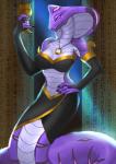 5_fingers anthro apode armwear bare_shoulders breasts claws cleavage clothed clothing container cup egyptian elbow_gloves female fingerless_gloves fingers gloves goblet handwear jewelry legless midriff necklace non-mammal_breasts pupils purple_body purple_eyes purple_scales scales serpentine slit_pupils snake_hood solo white_body white_scales hawkilla faarah cobra draconcopode naga reptile scalie snake 2016 hi_res
