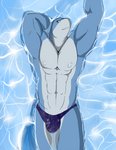 abs anthro big_muscles bulge clothing grey_body grey_scales looking_at_viewer male multicolored_body muscular muscular_anthro muscular_arms muscular_male navel nipples partially_submerged pecs scales smile solo speedo swimming swimwear teeth two_tone_body water geng kaikane_(geng) fish marine shark 2016 colored shaded