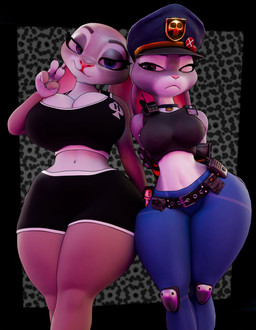 anthro armwear bedroom_eyes belt big_breasts bottomwear breast_size_difference breasts clothed clothed_anthro clothed_female clothing duo electronics female female/female fur grey_body grey_fur looking_at_viewer multicolored_body multicolored_fur narrowed_eyes pants police police_officer purple_eyes seductive shorts square_crossover two_tone_body two_tone_fur walkie-talkie wearing_hat white_body white_fur wide_hips anaroth warfaremachine_(modeler) disney zootopia judy_hopps european_rabbit lagomorph leporid mammal oryctolagus rabbit 2026 3d_(artwork) absurd_res digital_media_(artwork) hi_res