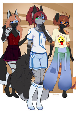 adolescent anthro bell-bottoms bottomwear clothed clothing dress eyewear feet female fingers footwear fur glasses group hair looking_at_viewer overalls round_glasses shirt shorts simple_background smile socks standing tail teeth text text_on_clothing text_on_shirt text_on_topwear toes topwear trio wearing_glasses young young_anthro young_female synnfultiger canid canine felid fox hybrid mammal pantherine tiger absurd_res digital_media_(artwork) hi_res sibling_(lore) sister_(lore) sisters_(lore)