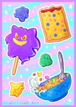 1990s blue_body bowl bulbasaur candy cereal container cutlery dessert ditto_(pokemon) food generation_1_pokemon gengar hi_res inanimate_object kitchen_utensils marshmallow melting milk nightlinez nintendo pikachu pokemon pokemon_(species) poliwhirl pop-tarts popsicle red_eyes spoon tools zero_pictured