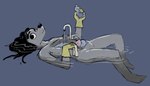 ambiguous_gender anthro clothing dishes floating gloves grey_background hair handwear lying on_back partially_submerged running_water simple_background solo water wet_hair d6016 sinkdog canid canine canis domestic_dog mammal