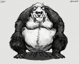 anthro asian_clothing belly big_belly black_body black_fur bottomwear clothing crouching east_asian_clothing fangs fur japanese_clothing loincloth male mawashi musclegut muscular solo sumo sumo_wrestler teeth white_body white_fur aokamidu bear giant_panda mammal
