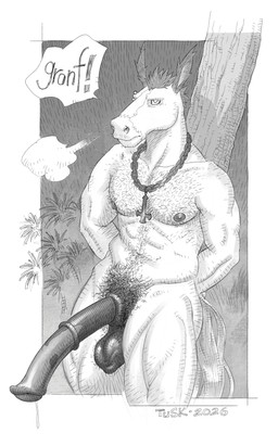 animal_genitalia animal_penis anthro balls biped bodily_fluids body_hair chest_hair cross equine_genitalia equine_penis eyebrow_piercing facial_piercing flared_penis genital_fluids genitals hairy_balls half-erect inverted_cross male medial_ring nipples nude penis piercing precum pubes saggy_balls solo tail text tuskito equid equine horse mammal 2026 absurd_res english_text hi_res monochrome