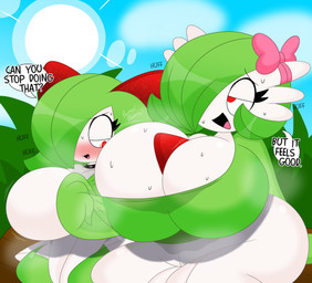 accessory big_breasts blush bodily_fluids bow_ribbon breasts cleavage clothed clothing cloud collar curvy_figure day detailed_background dialogue dress duo eyelashes eyes_closed female forest green_hair hair hair_accessory hair_bow hair_over_eye hair_ribbon hands_between_legs huge_breasts huge_hips light motion_lines open_mouth open_smile outside plant red_eyes ribbons short_hair sky smile spiked_collar spikes sun sunlight sweat sweatdrop text tree tugging_clothes tugging_on_own_clothes tugging_on_own_shirt voluptuous voluptuous_female voluptuous_humanoid white_body white_skin wide_hipped_female wide_hipped_humanoid wide_hips 3barts nintendo pokemon mary_(3barts) vanessa_(3barts) gardevoir generation_3_pokemon humanoid kirlia pokemon_(species) 2024 absurd_res digital_drawing_(artwork) digital_media_(artwork) english_text hi_res