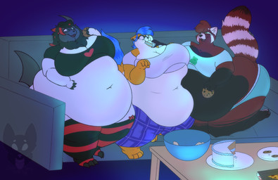 3_toes 4_fingers 4_toes anthro barefoot belly big_belly big_breasts biped black_body black_clothing black_fur black_hair black_hat black_headwear black_shirt black_t-shirt black_tail black_topwear blue_hair blue_stripes blue_tail bottomwear bowl box breasts brown_body brown_countershading cake cake_slice cleavage clothed clothing constricted_pupils container cookie countershade_fur countershade_torso countershading curly_hair dessert eating eating_cake eating_food eyewear facial_markings feeding feet female female_anthro fingers food fur furniture glasses green_short grey_sofa group hair hat head_markings headgear headwear heart_(marking) heart_print holding_cookie holding_food holding_object huge_belly huge_breasts legwear markings morbidly_obese morbidly_obese_anthro morbidly_obese_female navel obese obese_anthro obese_female on_sofa overweight overweight_anthro overweight_female pants pattern_clothing pattern_legwear pattern_stockings pink_clothing pink_shirt pink_topwear pizza_box plate pupils purple_bottomwear purple_clothing purple_pants rectangular_glasses red_body red_fur red_hair red_heart red_tail round_glasses shirt sitting sitting_on_sofa small_pupils sofa stockings striped_clothing striped_hair striped_legwear striped_markings striped_stockings striped_tail stripes t-shirt tail tail_markings tear_(marking) toeless_legwear toeless_stockings toes topwear trio watching_television white_body white_clothing white_countershading white_ears white_fur white_markings white_shirt white_stripes white_t-shirt white_topwear strawberrymilkdog nintendo pokemon cherry_jubilee_(strawberrymilkdog) glowie_(doughieglowie) zoya_ibiza absol ailurid generation_3_pokemon mammal pokemon_(species) procyonid raccoon red_panda 2022 absurd_res hi_res