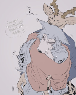 anal anal_penetration anthro bottomless clothed clothed_sex clothing duo male male/male musical_note musical_symbol penetration raised_tail sex standing standing_sex symbol tail tattoo text slpwk7_(artist) beastars legoshi_(beastars) melon_(beastars) antelope bovid canid canine canis felid gazelle hybrid leopard mammal pantherine wolf 4:5 absurd_res hi_res translation_request