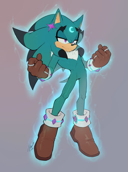 anthro biped black_highlights black_markings black_nose chest_tuft closed_smile clothing crescent_moon_(marking) eye_markings facial_markings footwear forehead_markings front_view fur gloves glowing green_body green_fur green_hair hair half-closed_eyes handwear head_markings highlights_(coloring) long_hair male markings moon_(marking) mouth_closed narrowed_eyes red_clothing red_footwear red_gloves red_handwear ring short_tail simple_background smile solo tail tan_body tan_fur tuft soina sega sonic_the_hedgehog_(series) eulipotyphlan hedgehog mammal 2026 absurd_res hi_res