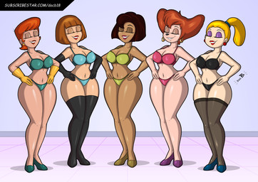 4_fingers abstract_background anthro armwear black_bra black_clothing black_gloves black_handwear black_legwear black_panties black_thigh_highs black_underwear blonde_hair blue_bra blue_clothing blue_panties blue_underwear bra breasts brown_hair cleavage clothed clothing curvy_figure ear_piercing ear_ring elbow_gloves eyelashes eyes_closed eyeshadow female fingers fur glistening glistening_body glistening_fur glistening_skin gloves green_bra green_clothing green_panties green_underwear group hair hands_on_hips hands_on_own_hips handwear legwear light-skinned_female light_body light_skin lipstick makeup mature_anthro mature_female mature_human navel not_furry_focus orange_hair panties piercing pink_bra pink_clothing pink_panties pink_underwear ponytail purple_eyeshadow red_lipstick ring_piercing small_waist smile stockings tan_body tan_fur tan_skin teal_bra teal_clothing teal_panties teal_underwear teeth text thick_thighs thigh_highs underwear underwear_only voluptuous voluptuous_anthro voluptuous_female wide_hipped_anthro wide_hipped_female wide_hipped_human wide_hips yellow_clothing yellow_gloves yellow_handwear doc.b cartoon_network danny_phantom dexter's_laboratory disney goof_troop nickelodeon rugrats the_proud_family charlotte_pickles dexter's_mom maddie_fenton peg_pete trudy_proud canid canine canis domestic_dog human mammal 2025 absurd_res artist_name digital_drawing_(artwork) digital_media_(artwork) hi_res url watermark