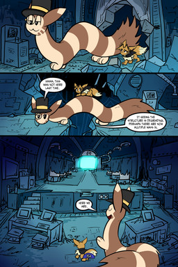 3_panel_comic ambiguous_gender biped black_cape black_clothing black_eyes black_nose black_text brown_body brown_fur brown_hair cape clothing detailed_background dialogue duo eyebrows eyelashes eyes_closed eyewear feral fluffy fluffy_tail fur hair hat headgear headwear inner_ear_fluff long_body looking_back male monocle page_number paws quadruped speech_bubble tail talking_to_another text toony top_hat tuft walking white_sclera virmir nintendo pokemon virmir_(character) eevee furret generation_1_pokemon generation_2_pokemon pokemon_(species) 2026 absurd_res comic english_text hi_res signature male_(lore)