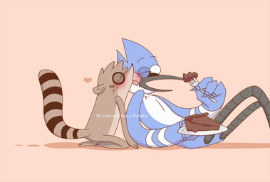 4_fingers anthro blue_body blue_feathers blush brown_body brown_fur cake cutlery dessert duo eyes_closed feathers fingers food fork fur heart_symbol holding_object kitchen_utensils kneeling licking male nude one_eye_closed plate raised_tail size_difference stripes tail tan_body tan_fur tongue tongue_out tools toony white_body white_feathers wink re-sublimity-kun cartoon_network regular_show mordecai_(regular_show) rigby_(regular_show) avian bird blue_jay corvid jay_(bird) mammal new_world_jay oscine passerine procyonid raccoon digital_media_(artwork)