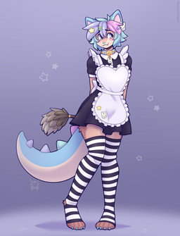 4_toes accessory anthro blue_claws blue_eyes blush brown_body brown_fur claws clothed clothing crossdressing dinosaur_tail feet femboy fur hair hair_accessory hairclip hands_behind_back legwear looking_away maid_apron maid_uniform male multicolored_hair pattern_clothing pattern_legwear pattern_stockings paws short_hair solo standing stockings striped_clothing striped_legwear striped_stockings stripes tan_body tan_fur toes uniform fleurfurr felid feline mammal colored digital_drawing_(artwork) digital_media_(artwork) hi_res shaded