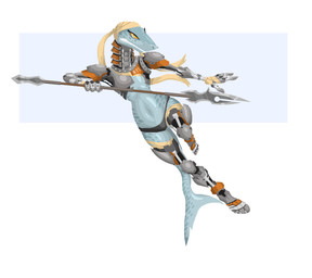 accessory amber_eyes amputee clenched_teeth clothed clothing cybernetics disability female flat_chested headband machine midriff navel panties prosthetic simple_background skimpy solo teeth topless underwear weapon phlegraofmystery aquatic cyborg fish shark